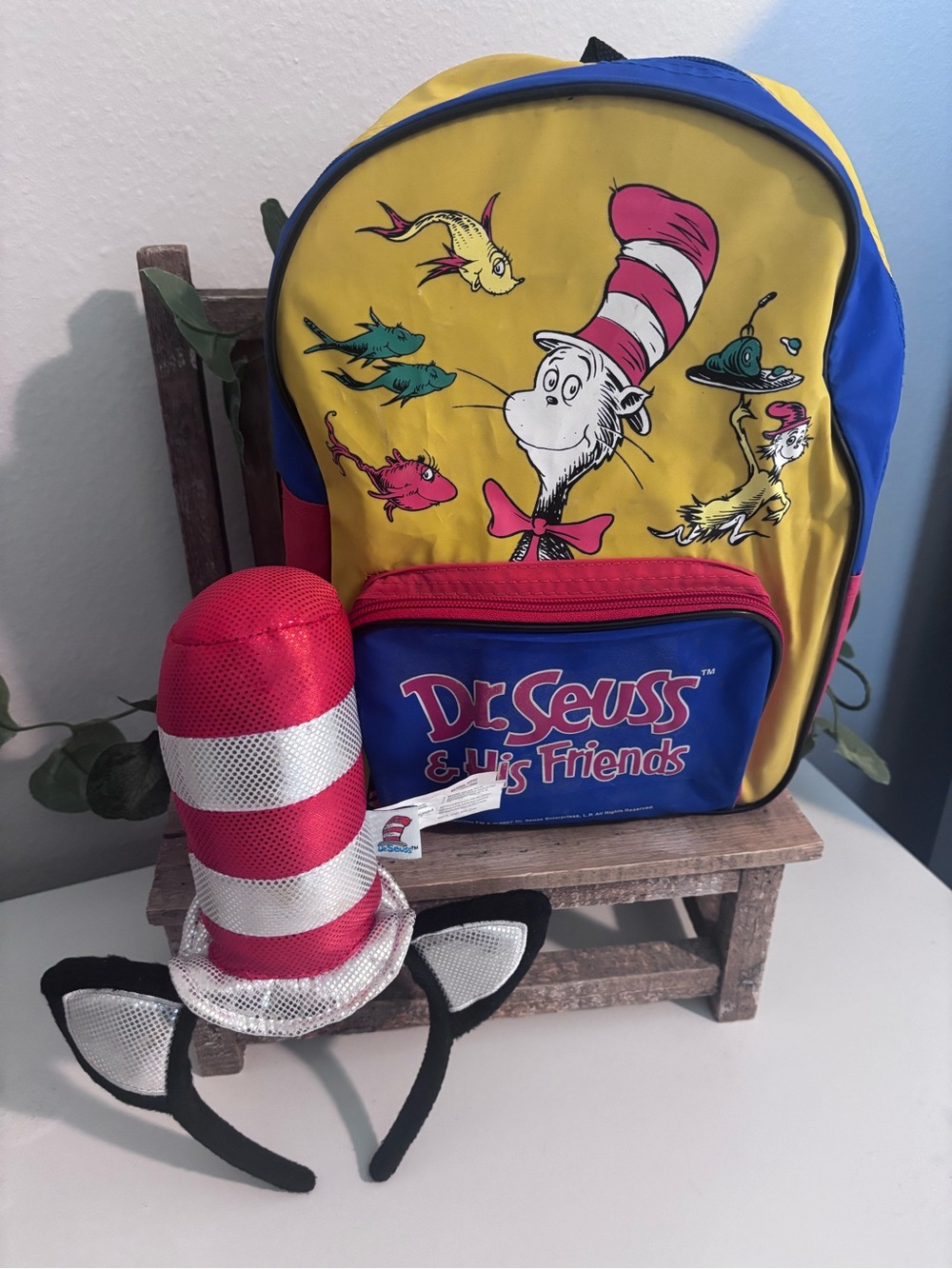 DR. SEUSS & HIS FRIENDS BACKPACK AND A CAT IN THE HAT COSTUME HEADBAND BUNDLE